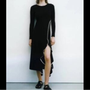 Zara Black Long-Sleeve Midi Dress with White Trim